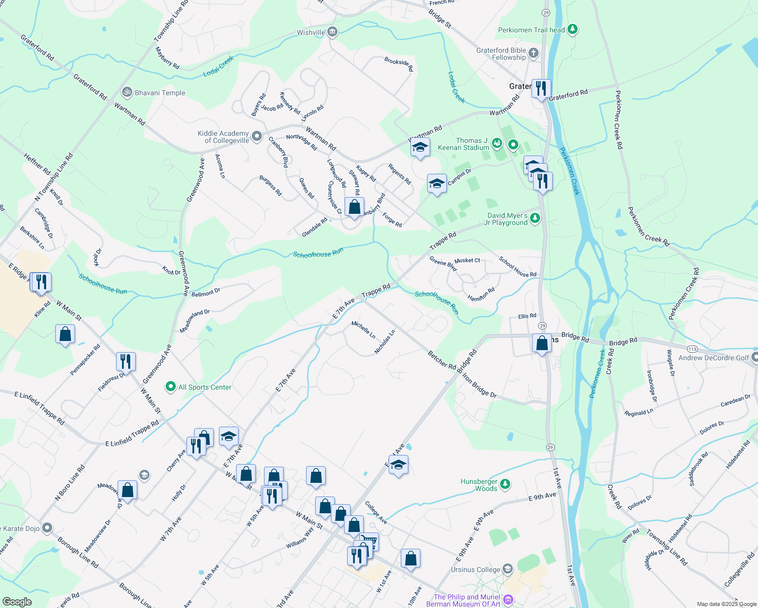 map of restaurants, bars, coffee shops, grocery stores, and more near 110 Betcher Road in Collegeville