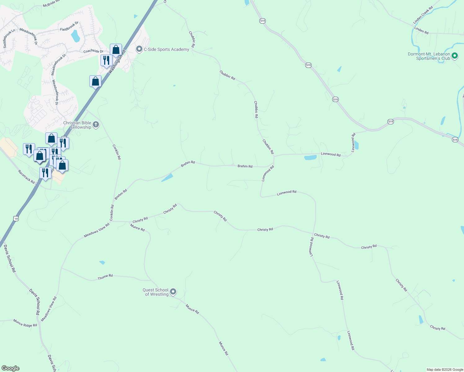 map of restaurants, bars, coffee shops, grocery stores, and more near 92 Tara Lane in Eighty Four