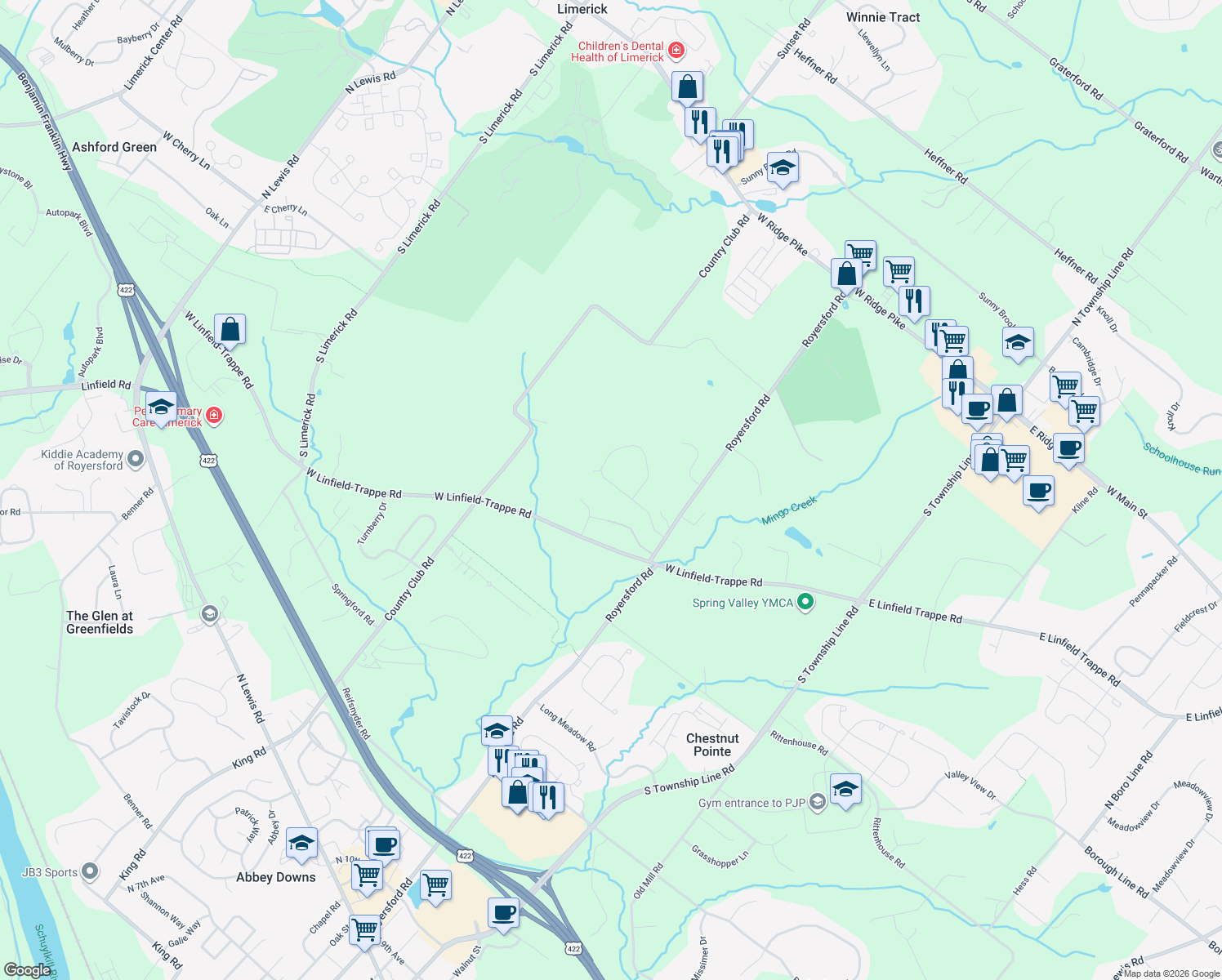 map of restaurants, bars, coffee shops, grocery stores, and more near 1015 Broadleaf Circle in Royersford