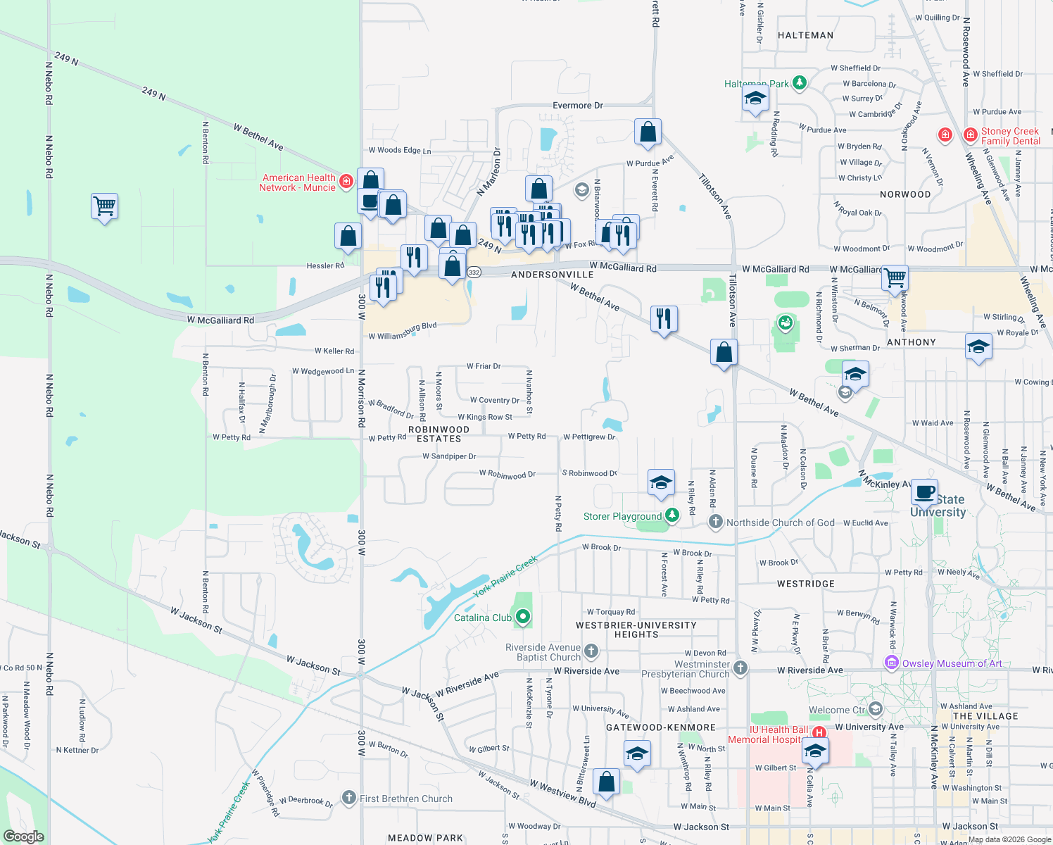 map of restaurants, bars, coffee shops, grocery stores, and more near 4009 W Kings Row St in Muncie