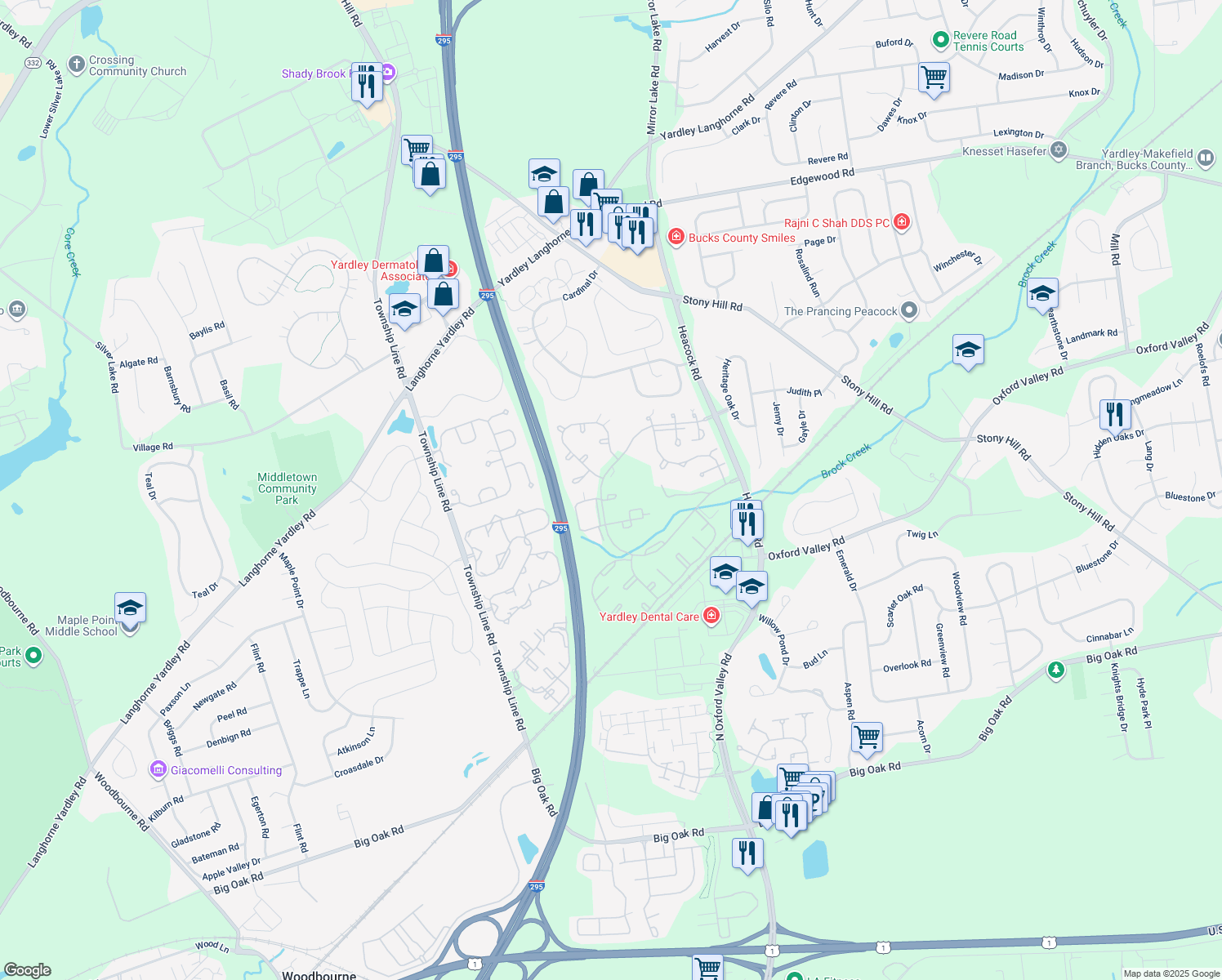 map of restaurants, bars, coffee shops, grocery stores, and more near 3004 Danbury Court in Yardley