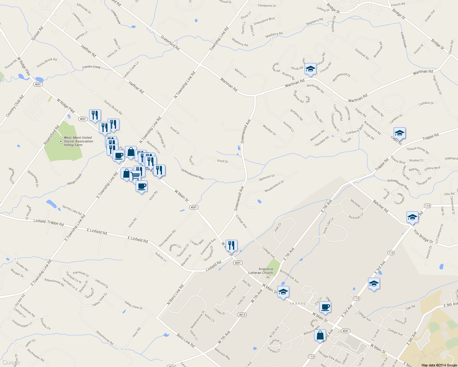 map of restaurants, bars, coffee shops, grocery stores, and more near 233 Greenwood Avenue in Collegeville