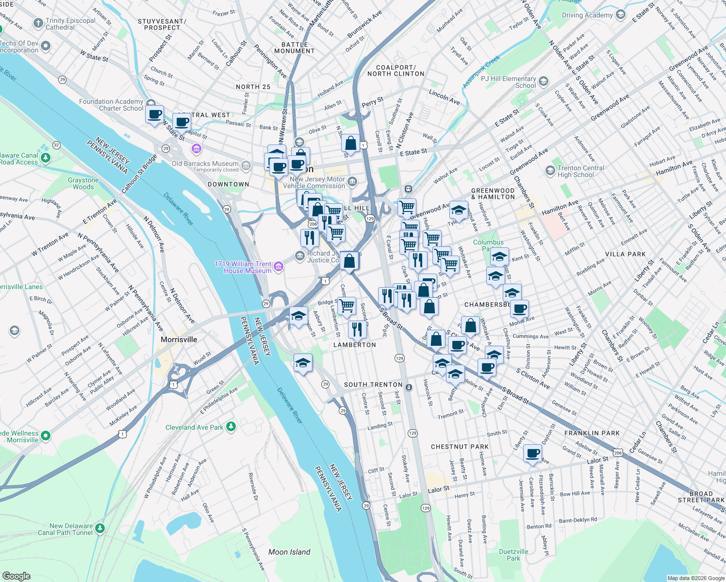map of restaurants, bars, coffee shops, grocery stores, and more near 485 S Broad St in Trenton