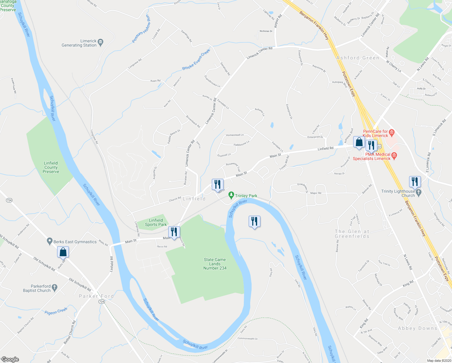 map of restaurants, bars, coffee shops, grocery stores, and more near 1097 Main Street in Linfield