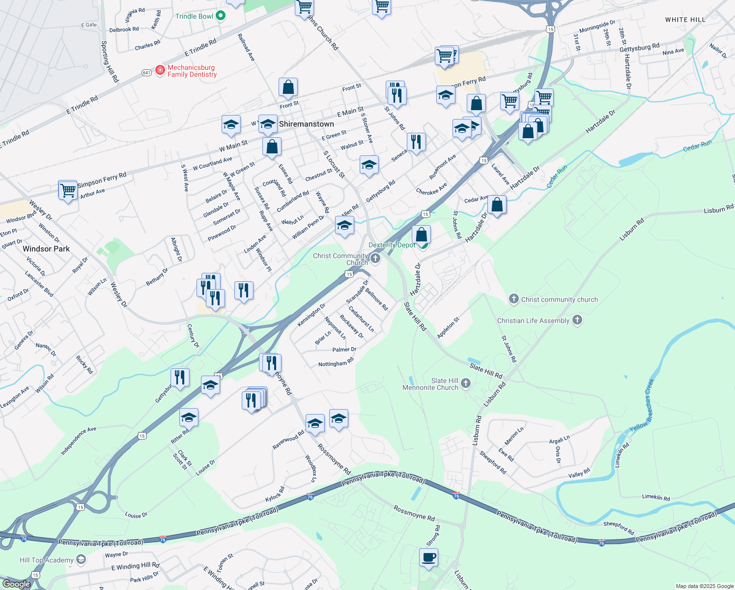 map of restaurants, bars, coffee shops, grocery stores, and more near 3 Bellmore Rd in Camp Hill