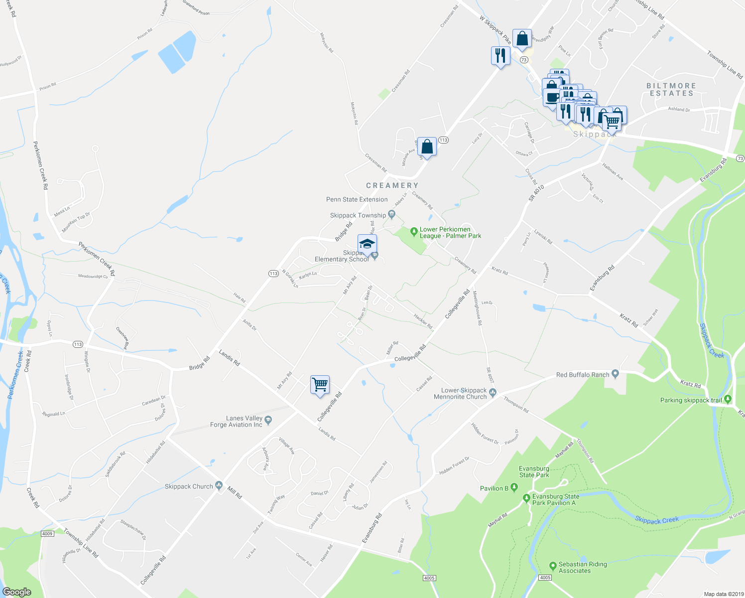 map of restaurants, bars, coffee shops, grocery stores, and more near 939 Schwendt Lane in Collegeville