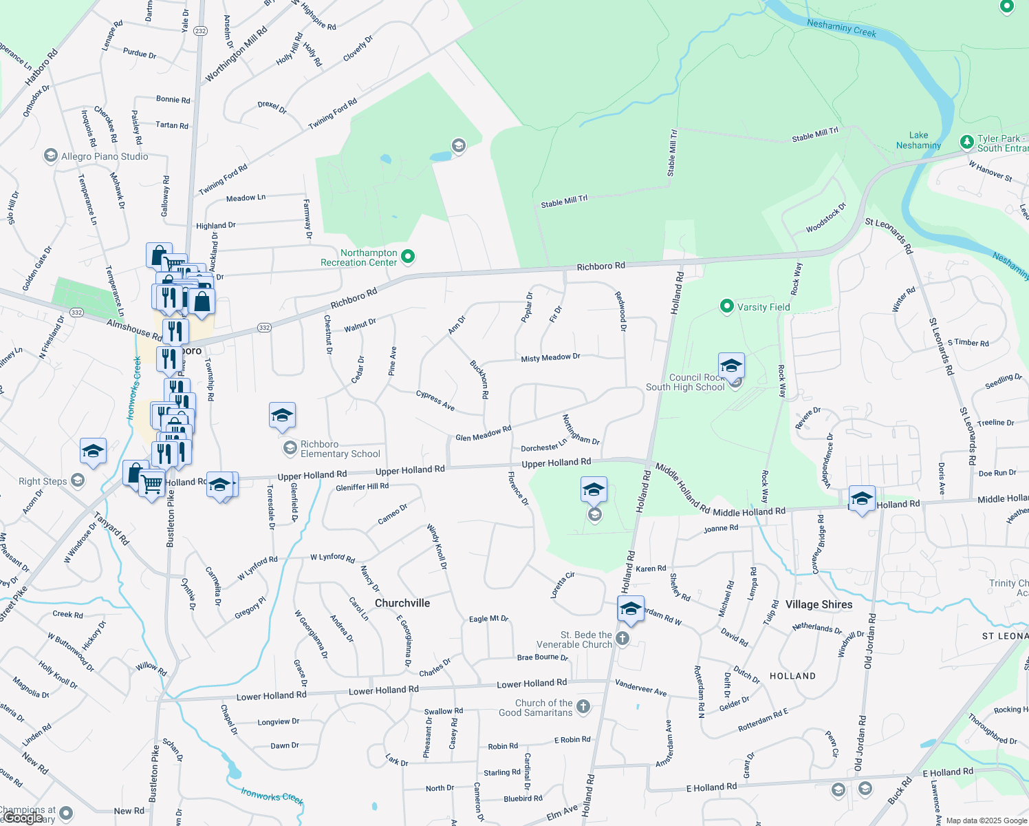 map of restaurants, bars, coffee shops, grocery stores, and more near 17 Providence Drive in Richboro