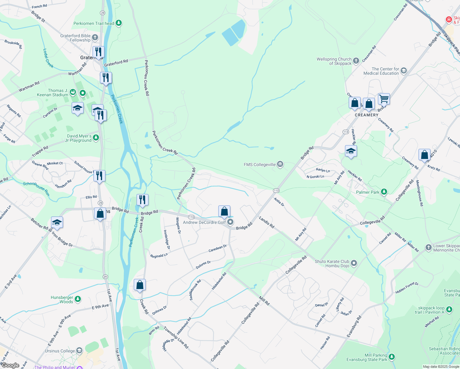 map of restaurants, bars, coffee shops, grocery stores, and more near 4352 Meadowridge Lane in Collegeville