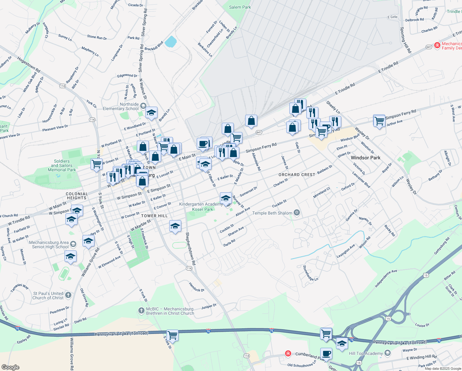 map of restaurants, bars, coffee shops, grocery stores, and more near 516 E Coover St in Mechanicsburg