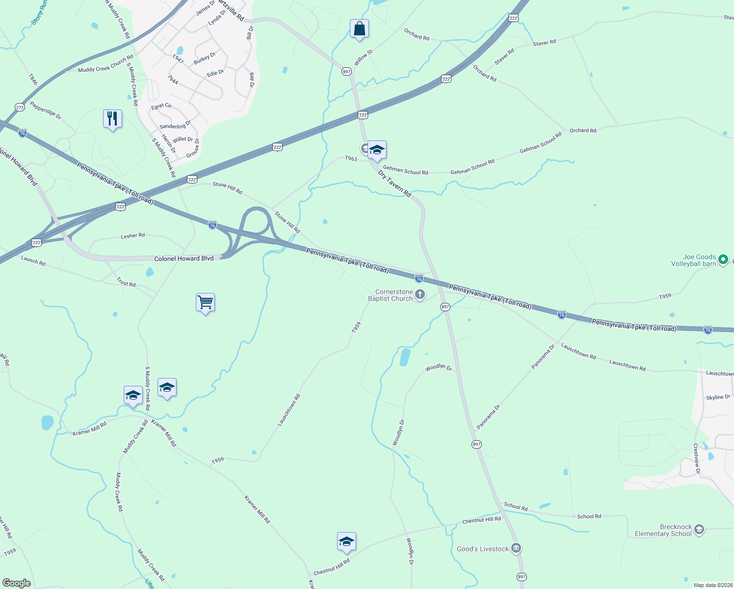 map of restaurants, bars, coffee shops, grocery stores, and more near 674 Lauschtown Rd in Denver