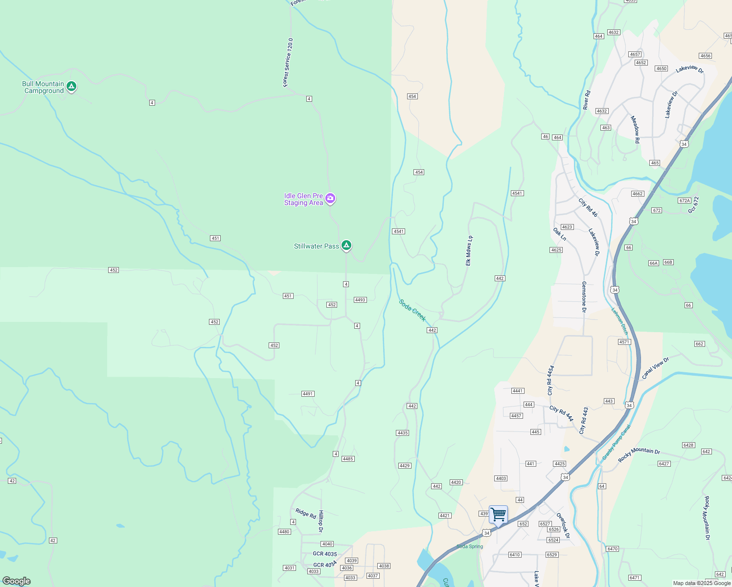 map of restaurants, bars, coffee shops, grocery stores, and more near 151 County Road in Grand Lake