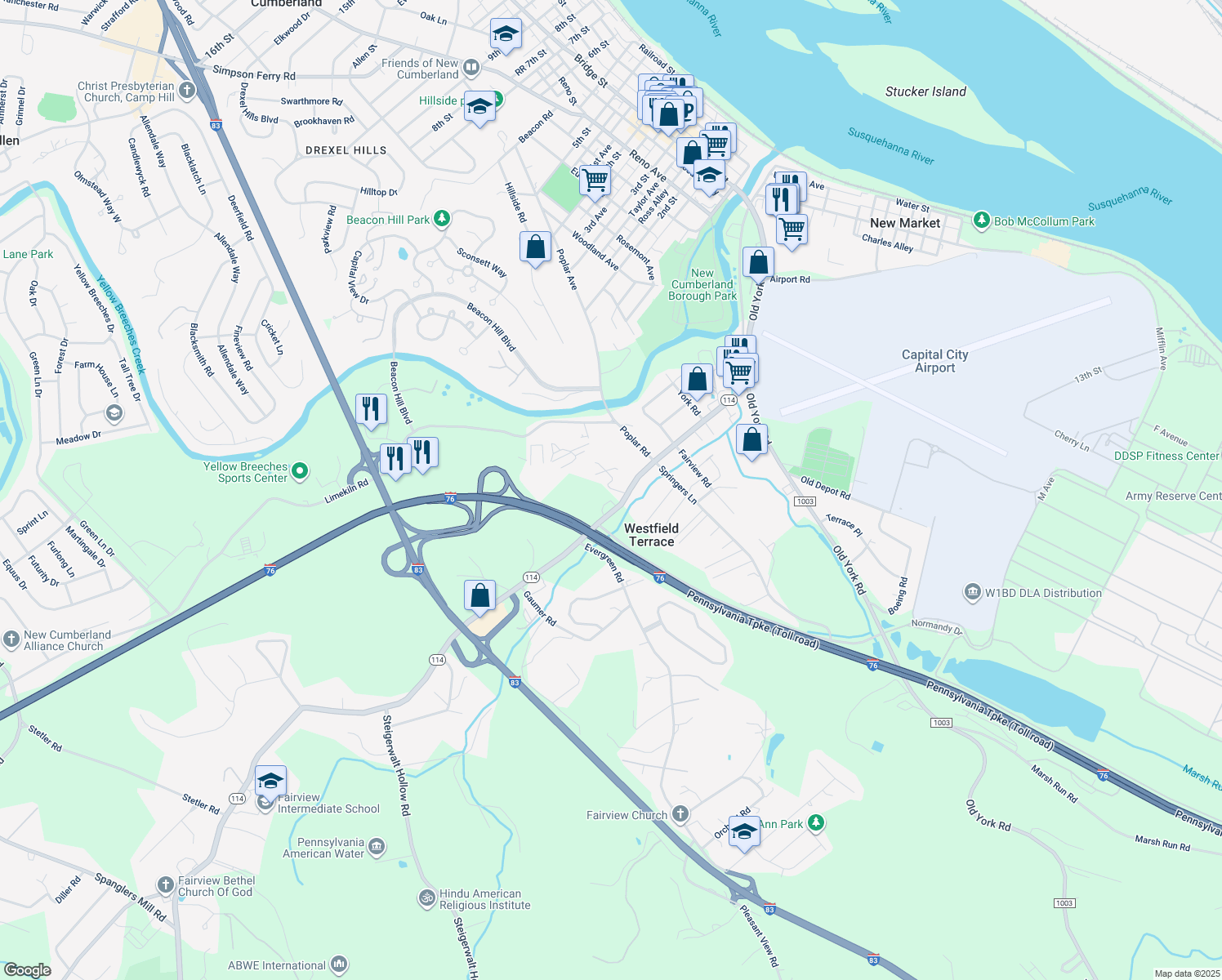 map of restaurants, bars, coffee shops, grocery stores, and more near 311 Lewisberry Road in New Cumberland