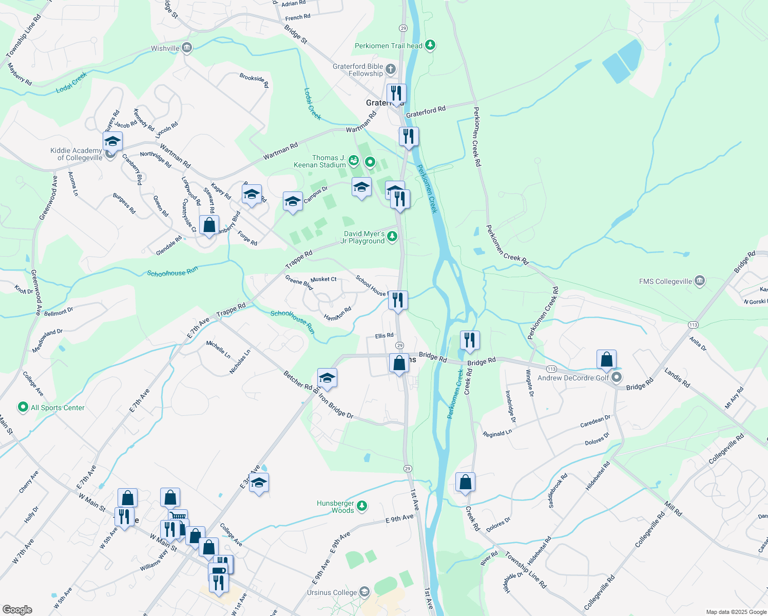 map of restaurants, bars, coffee shops, grocery stores, and more near 381 Centennial St in Collegeville
