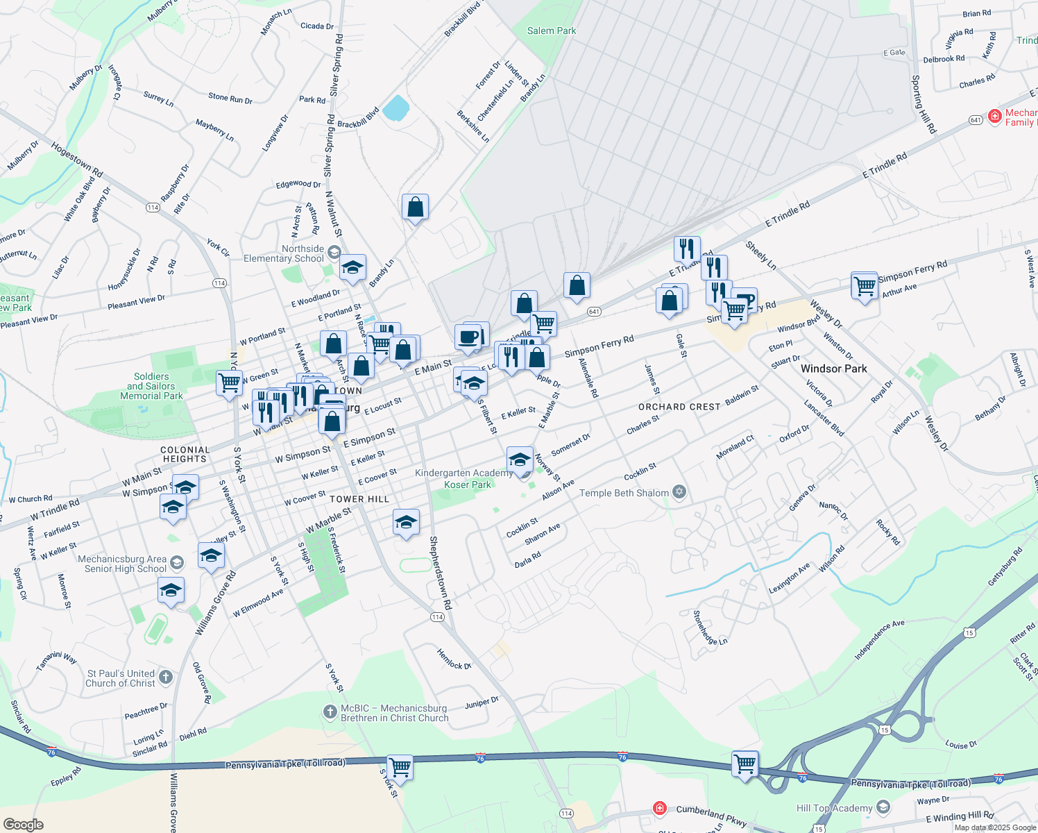 map of restaurants, bars, coffee shops, grocery stores, and more near 512 East Keller Street in Mechanicsburg