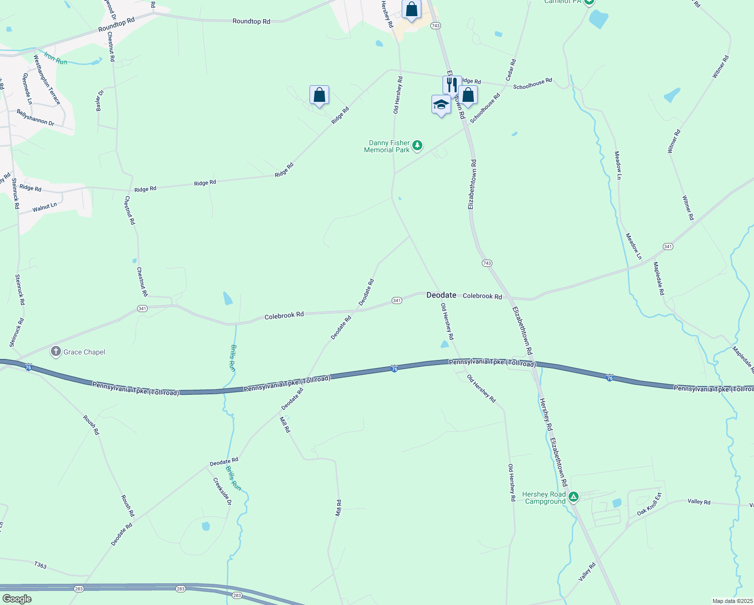 map of restaurants, bars, coffee shops, grocery stores, and more near 3484 Colebrook Road in Elizabethtown