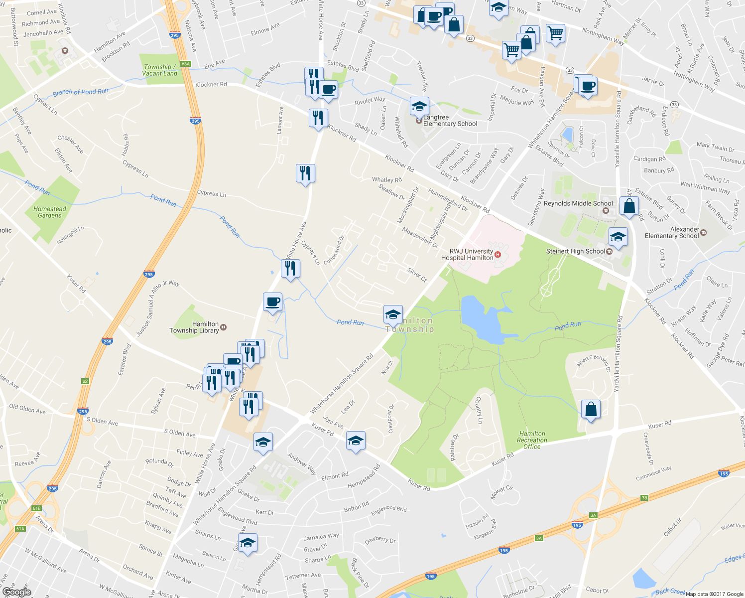 map of restaurants, bars, coffee shops, grocery stores, and more near 15 Versailles Court in Hamilton Township