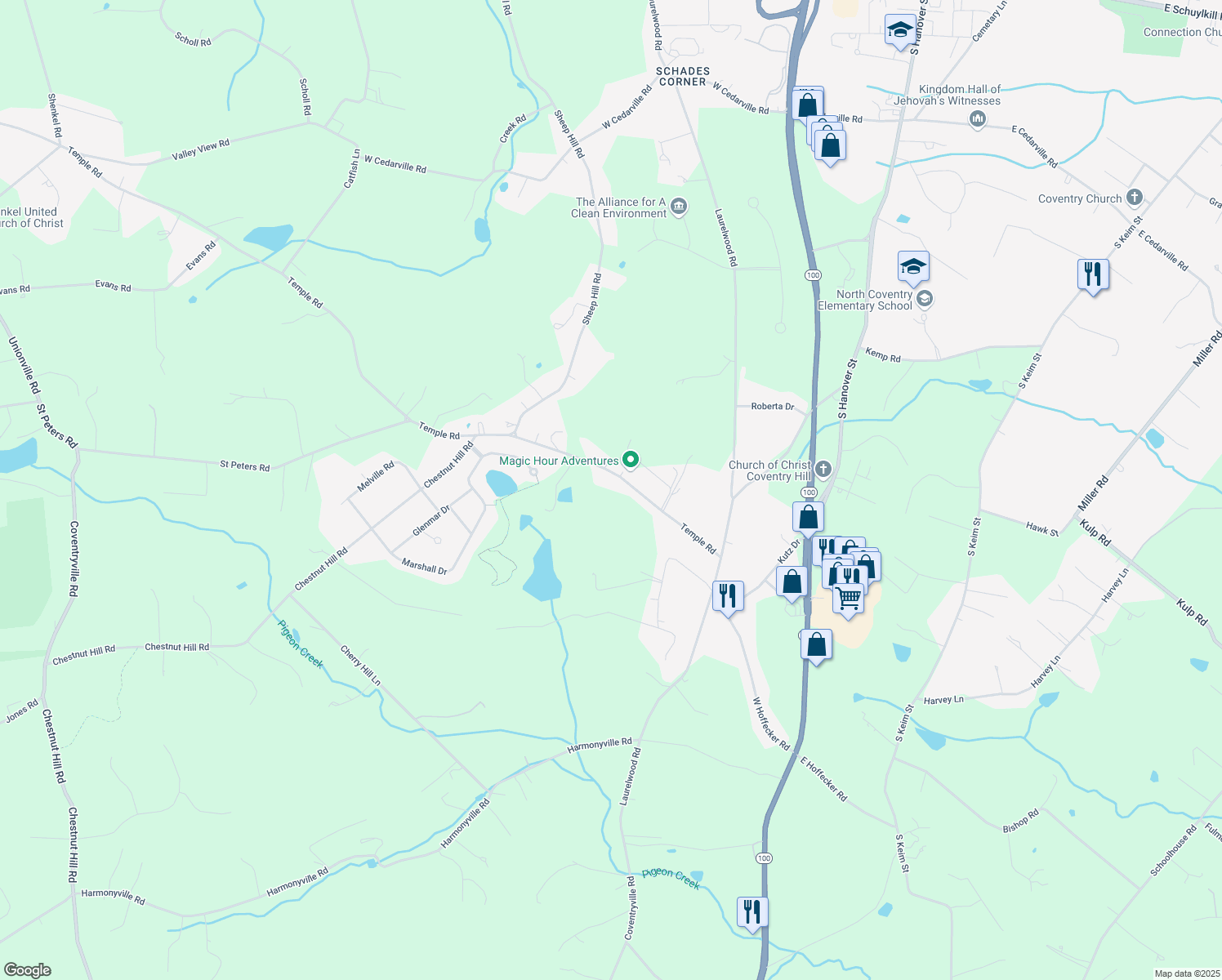 map of restaurants, bars, coffee shops, grocery stores, and more near 860 Temple Road in Pottstown
