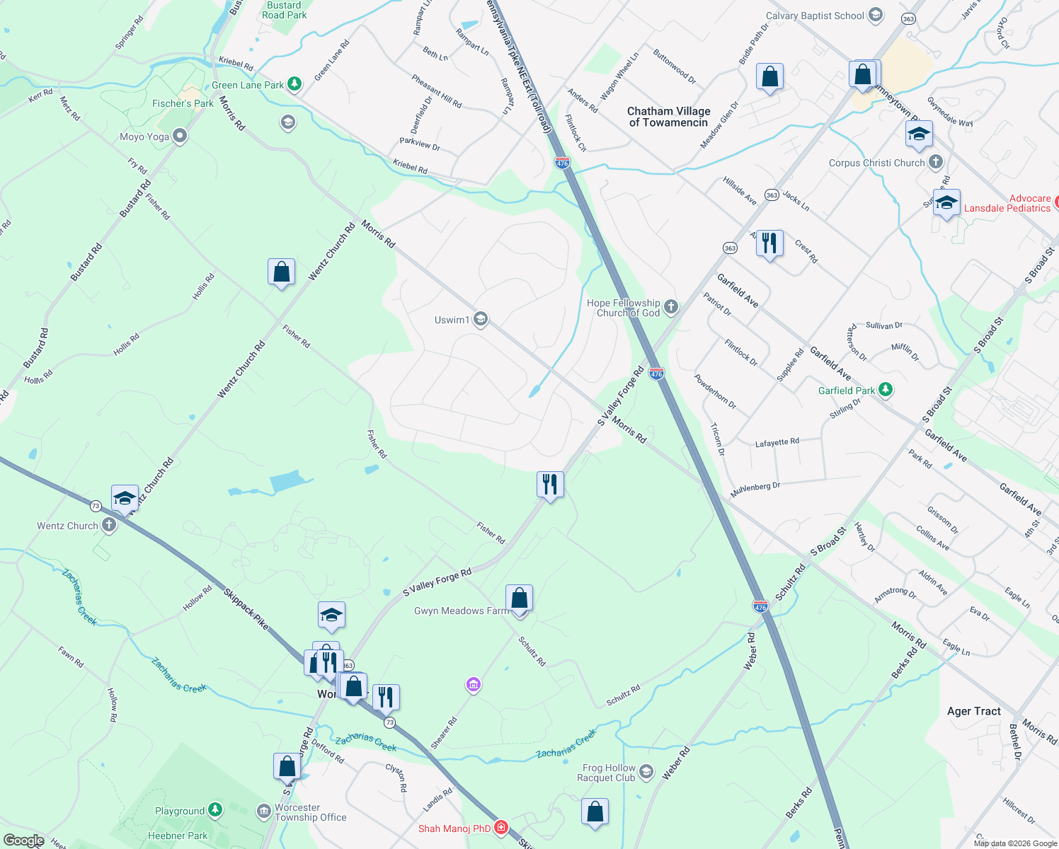 map of restaurants, bars, coffee shops, grocery stores, and more near 3052 Sunny Ayre Dr in Lansdale