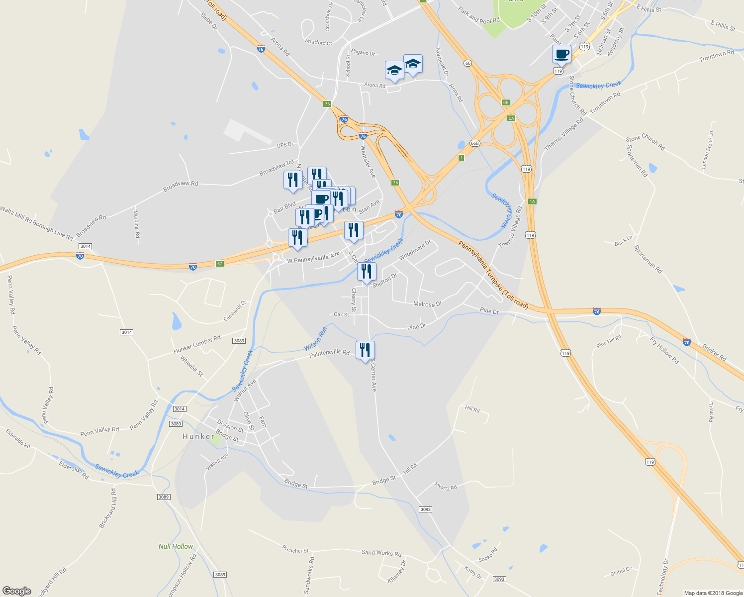 map of restaurants, bars, coffee shops, grocery stores, and more near 413 South Center Avenue in New Stanton