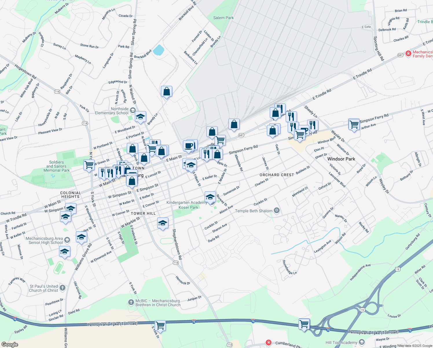 map of restaurants, bars, coffee shops, grocery stores, and more near 607 E Keller St in Mechanicsburg