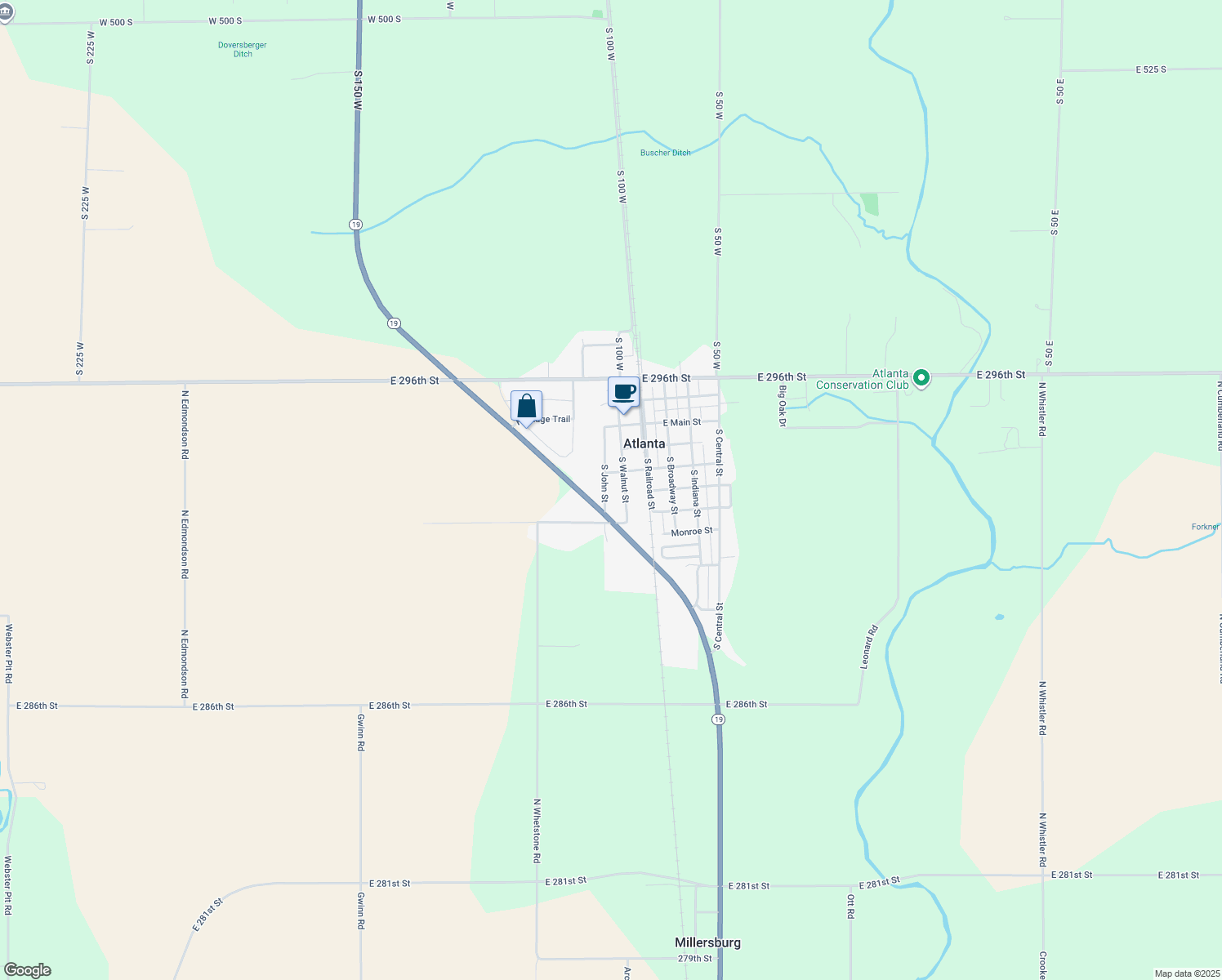 map of restaurants, bars, coffee shops, grocery stores, and more near 325 South John Street in Atlanta