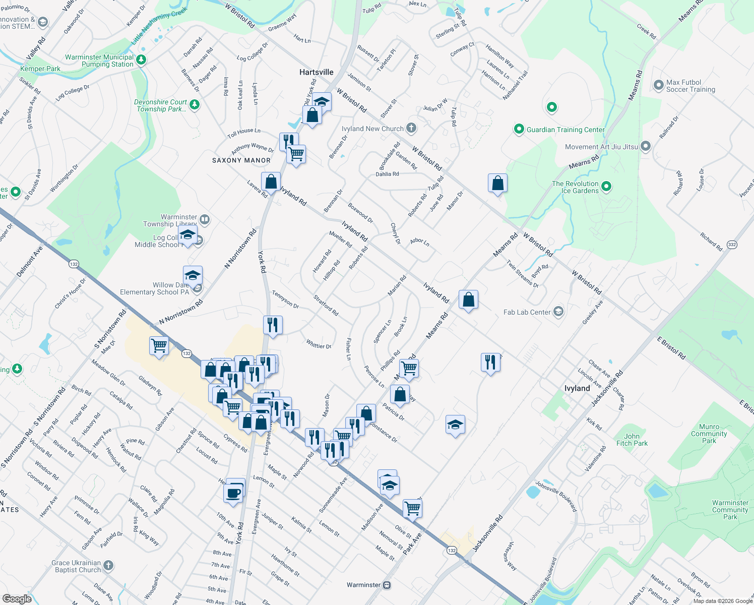 map of restaurants, bars, coffee shops, grocery stores, and more near 997 Marian Road in Warminster