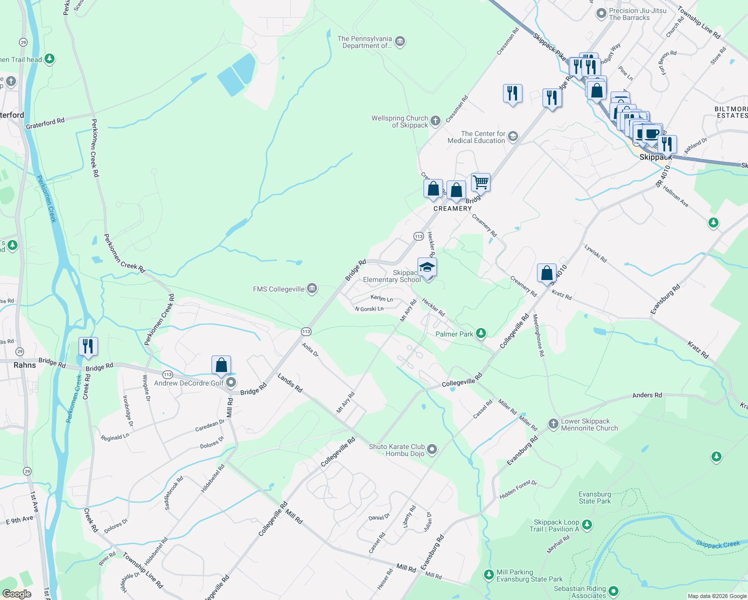 map of restaurants, bars, coffee shops, grocery stores, and more near 814 Karlyn Ln in Collegeville