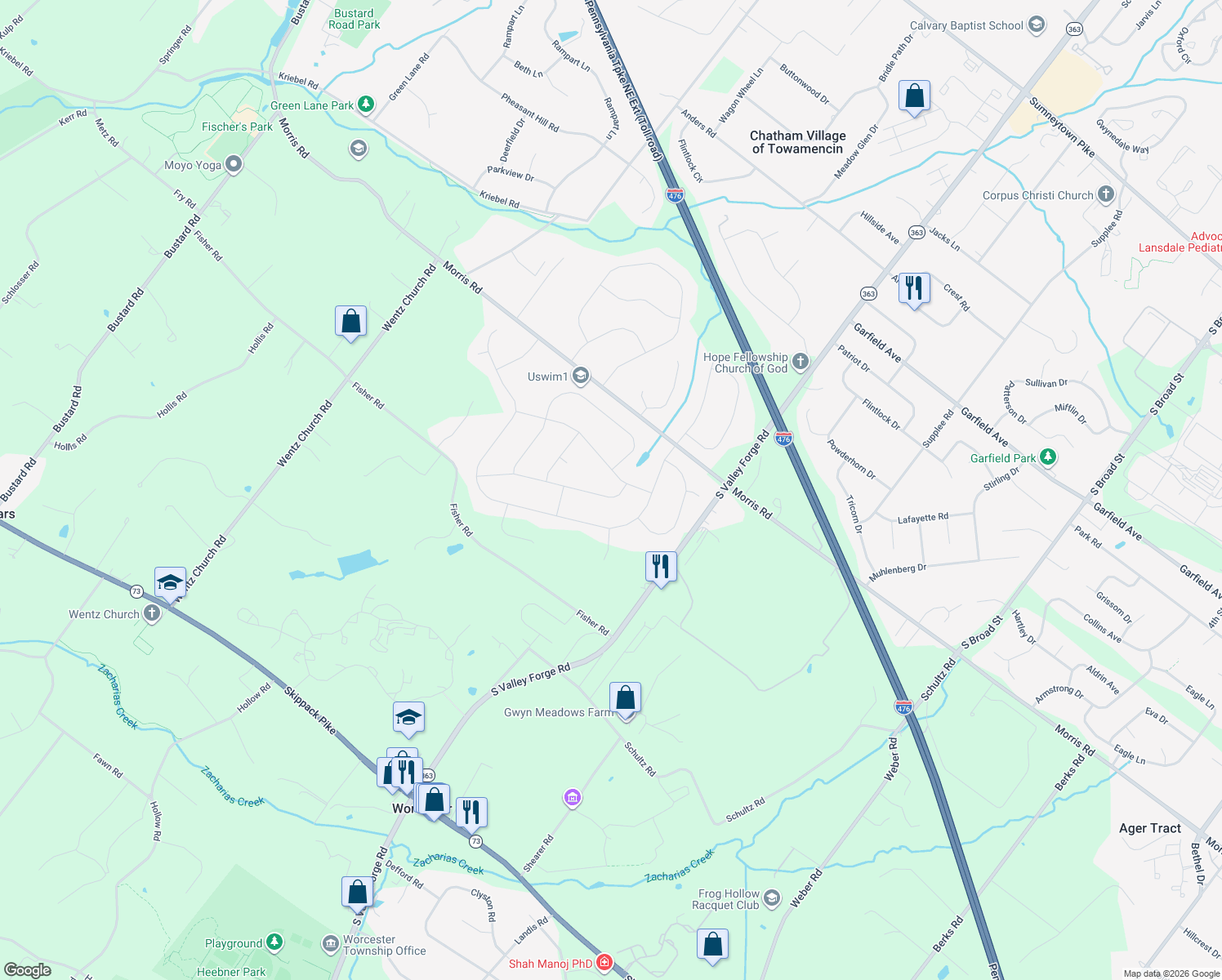map of restaurants, bars, coffee shops, grocery stores, and more near 2247 Ayreshire Dr in Lansdale