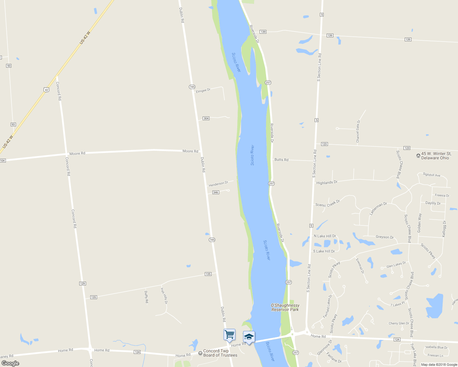 map of restaurants, bars, coffee shops, grocery stores, and more near 5741 Henderson Drive in Delaware