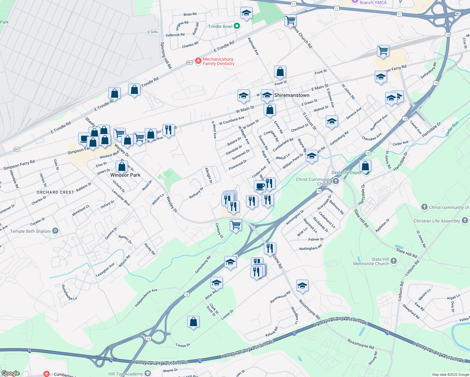 map of restaurants, bars, coffee shops, grocery stores, and more near 910 Century Dr in Mechanicsburg