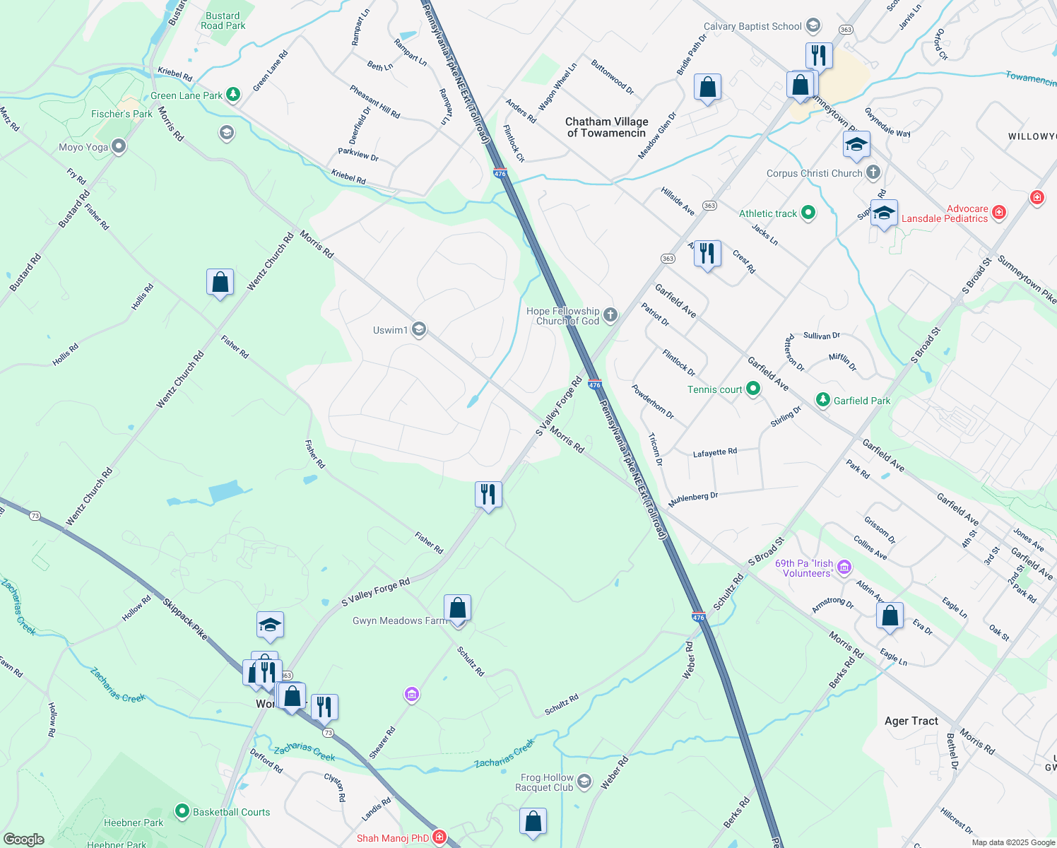 map of restaurants, bars, coffee shops, grocery stores, and more near 3003 Stuart Way in Lansdale