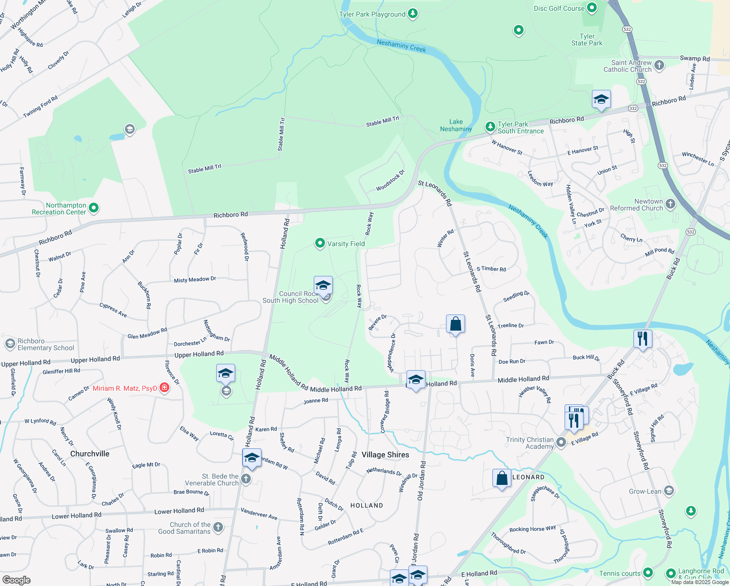 map of restaurants, bars, coffee shops, grocery stores, and more near 40 Keenan Lane in Holland
