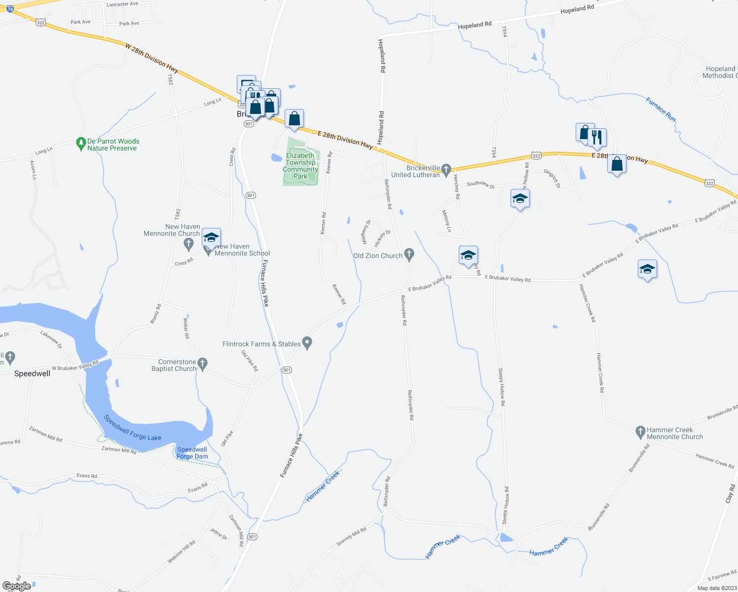 map of restaurants, bars, coffee shops, grocery stores, and more near 215 East Brubaker Valley Road in Lititz