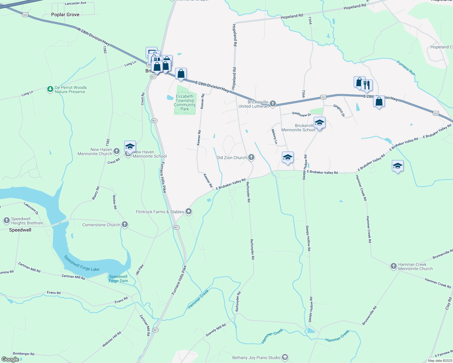 map of restaurants, bars, coffee shops, grocery stores, and more near 215 East Brubaker Valley Road in Lititz