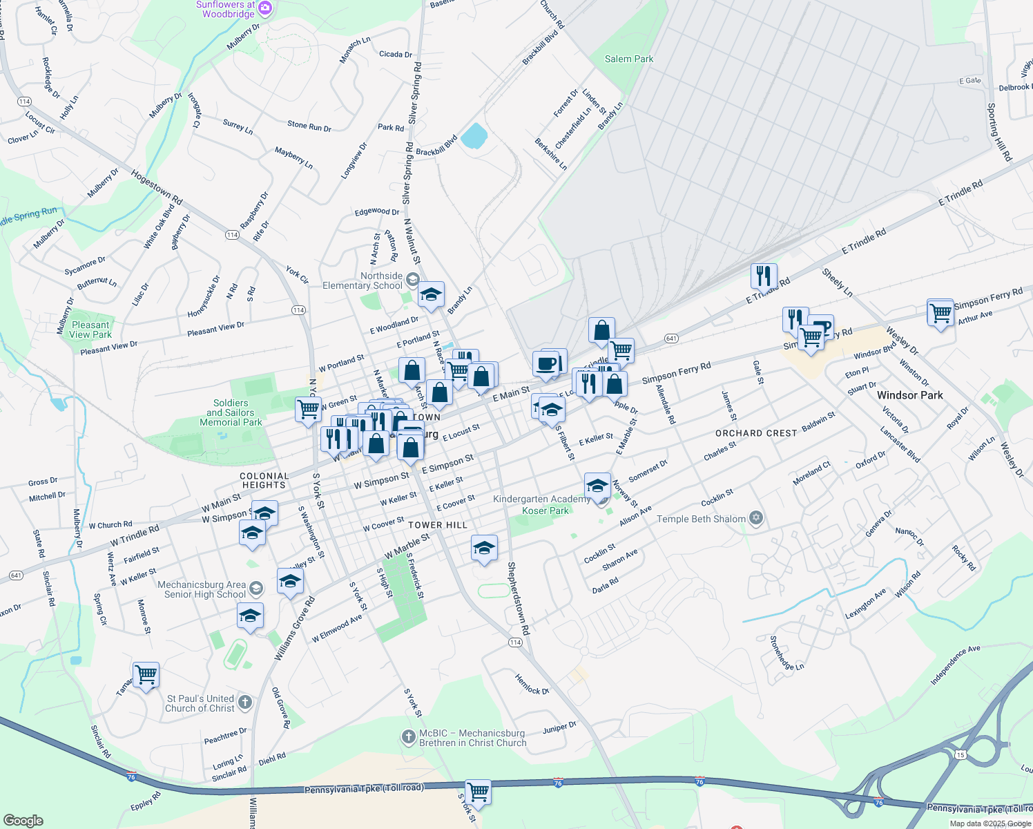 map of restaurants, bars, coffee shops, grocery stores, and more near 105 South Chestnut Street in Mechanicsburg