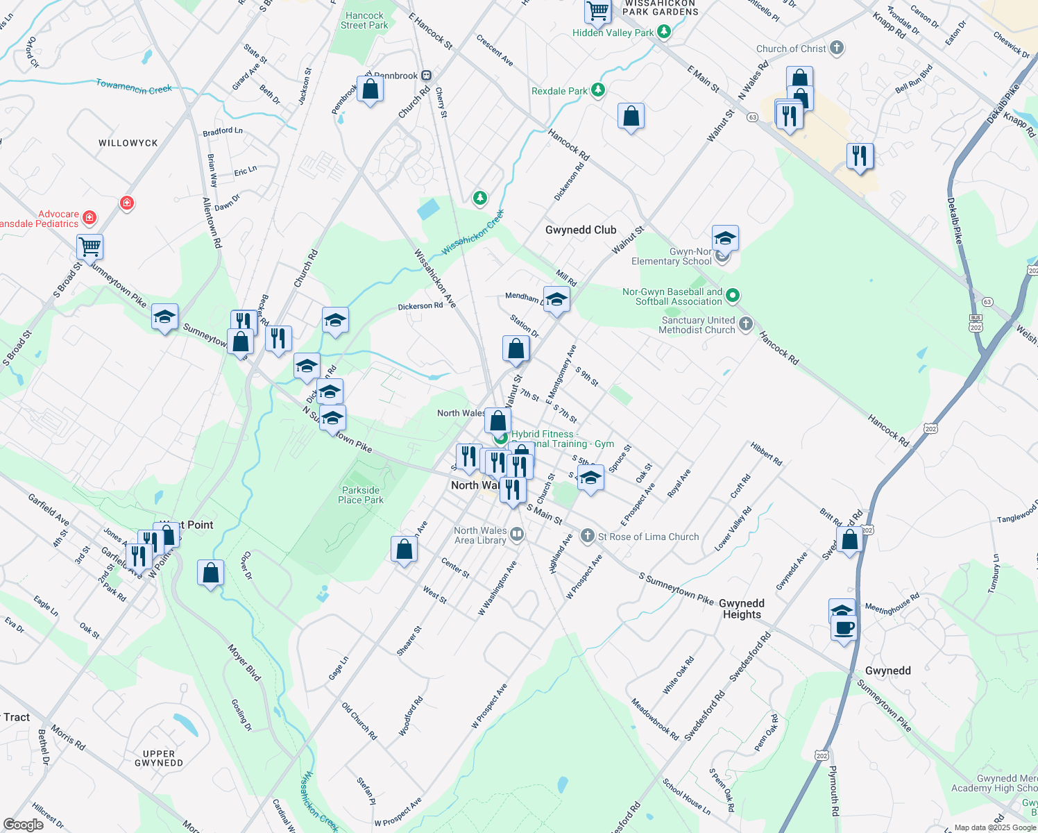 map of restaurants, bars, coffee shops, grocery stores, and more near 115 South 6th Street in North Wales