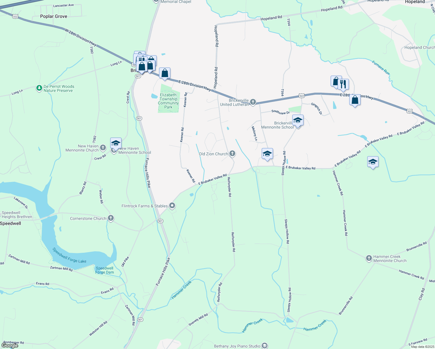 map of restaurants, bars, coffee shops, grocery stores, and more near 227 East Brubaker Valley Road in Lititz