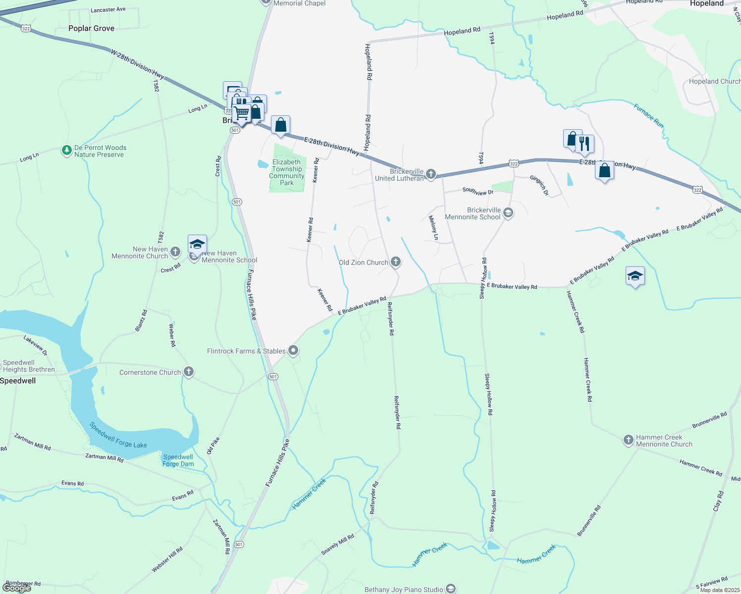 map of restaurants, bars, coffee shops, grocery stores, and more near 227 East Brubaker Valley Road in Lititz
