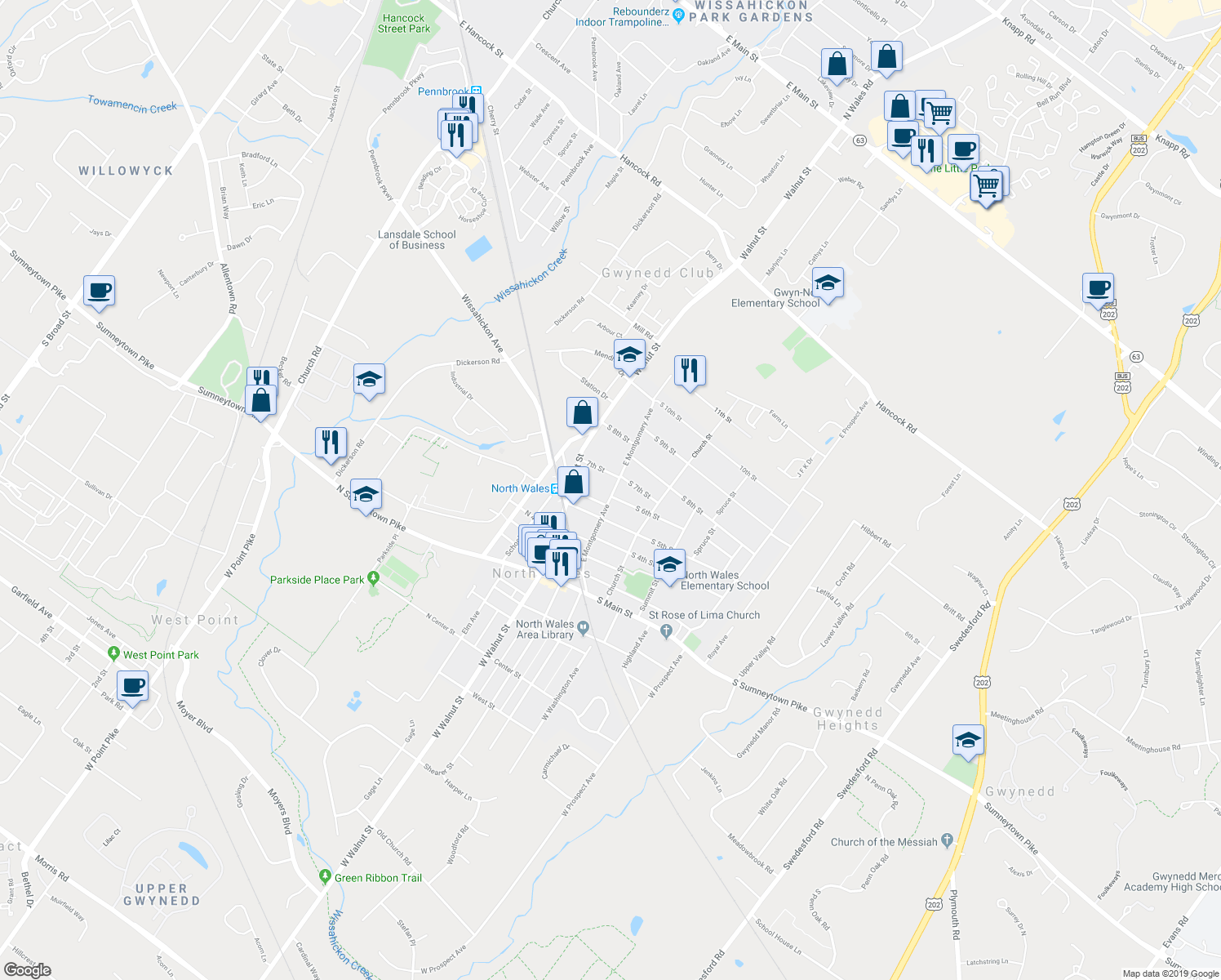 map of restaurants, bars, coffee shops, grocery stores, and more near 612 East Montgomery Avenue in North Wales