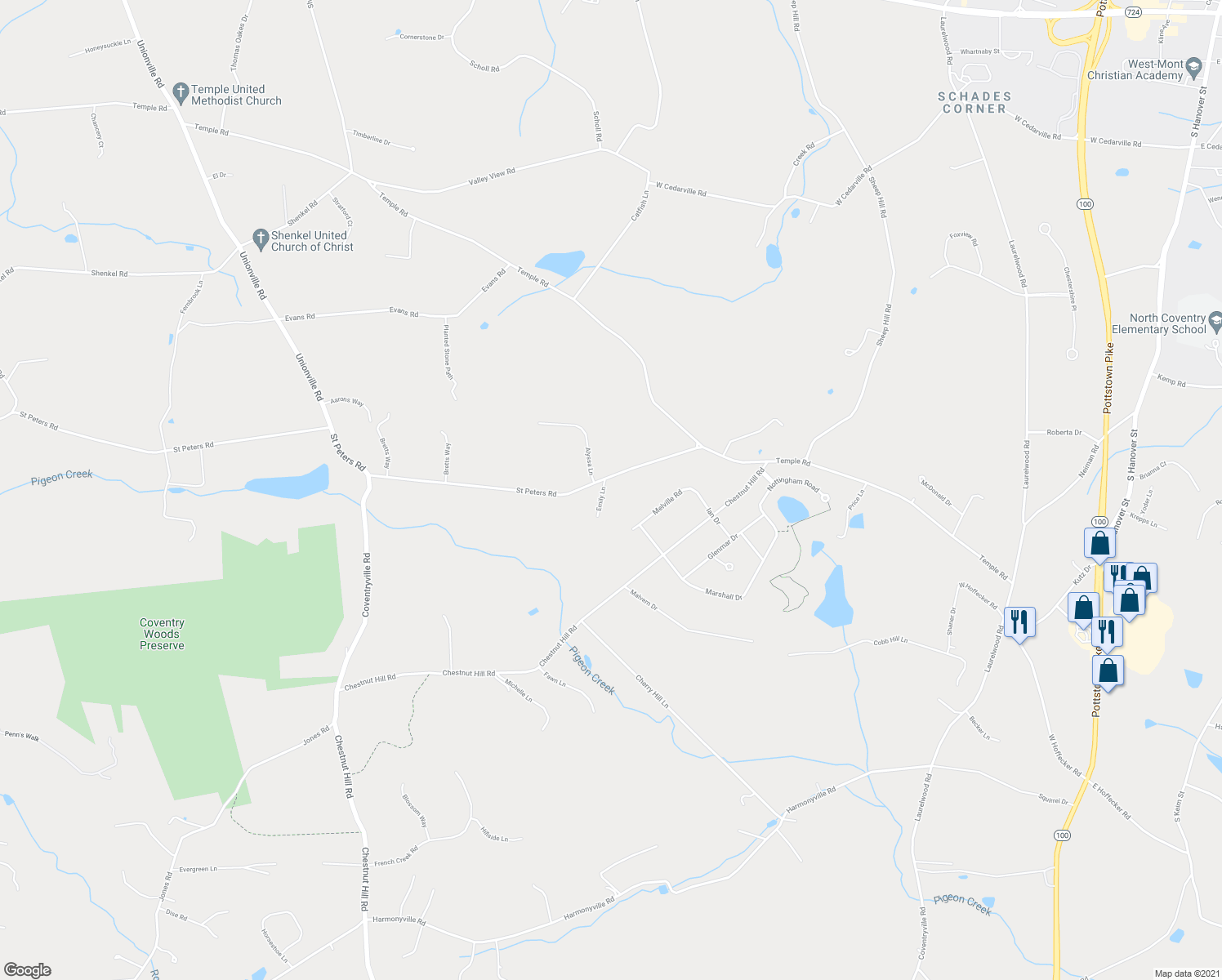 map of restaurants, bars, coffee shops, grocery stores, and more near 1236 Emily Lane in Pottstown