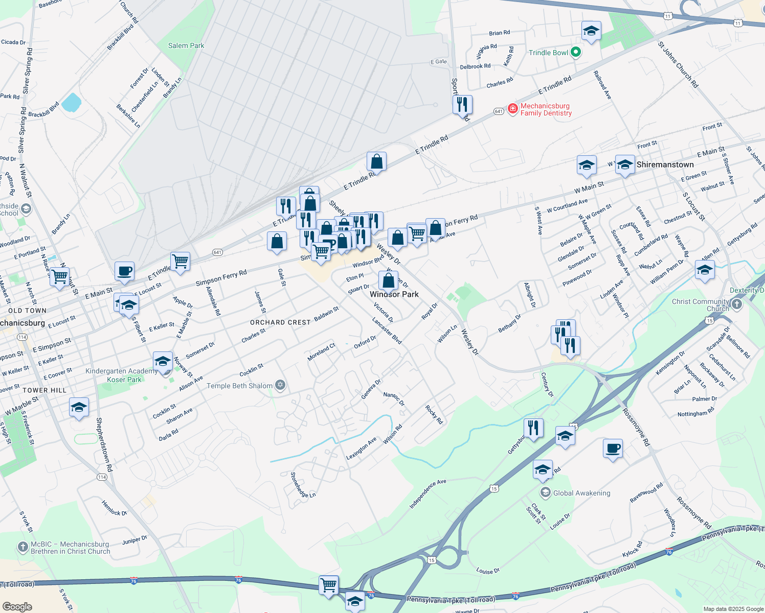 map of restaurants, bars, coffee shops, grocery stores, and more near 123 Victoria Drive in Mechanicsburg