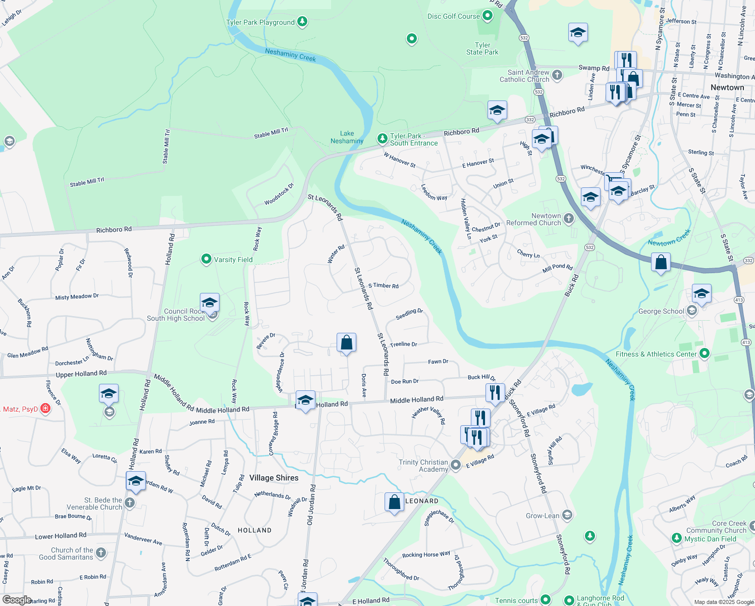 map of restaurants, bars, coffee shops, grocery stores, and more near 119 Mulberry Drive in Southampton