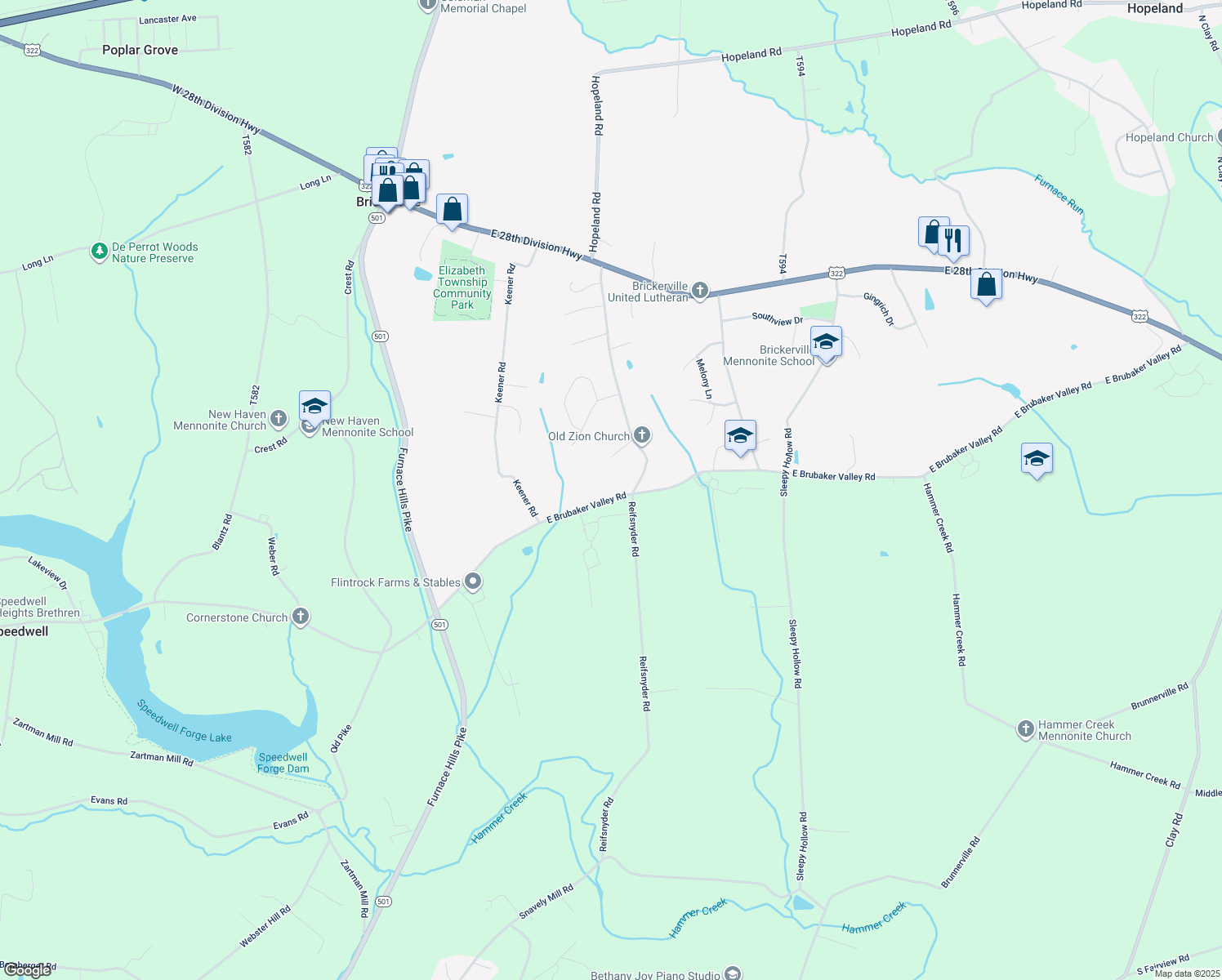 map of restaurants, bars, coffee shops, grocery stores, and more near 231 East Brubaker Valley Road in Lititz