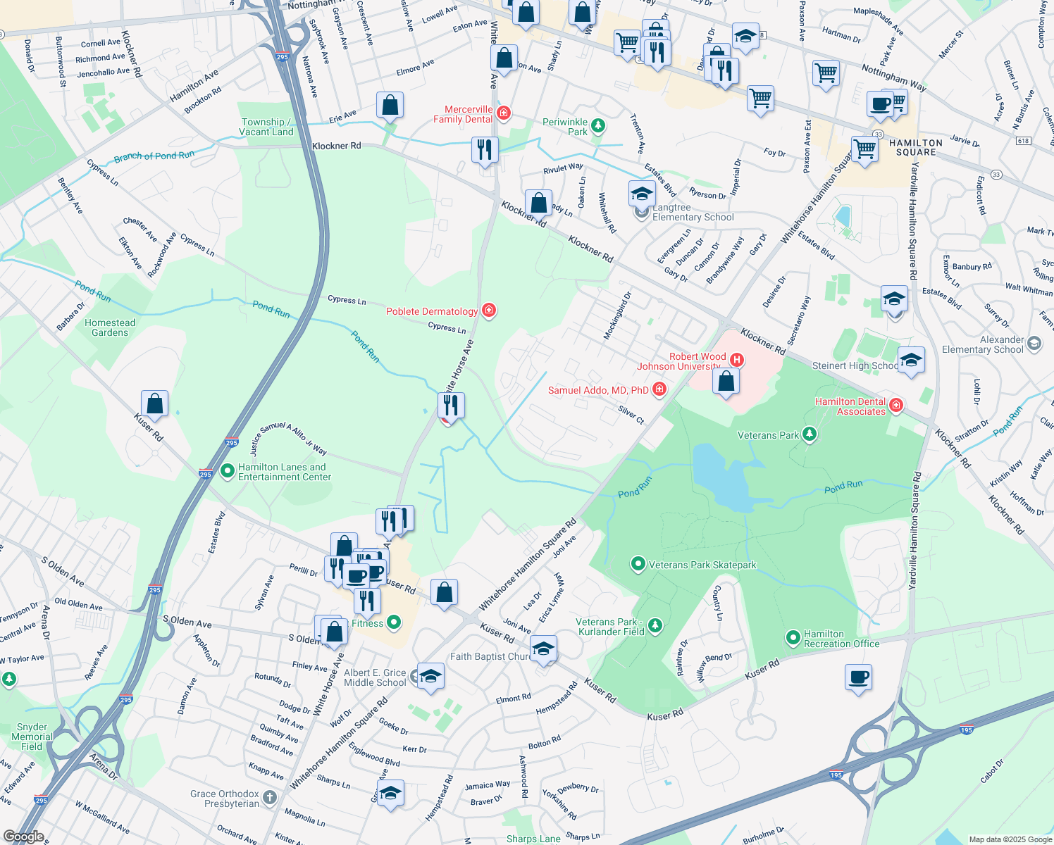 map of restaurants, bars, coffee shops, grocery stores, and more near 71 Chambord Court in Hamilton Township