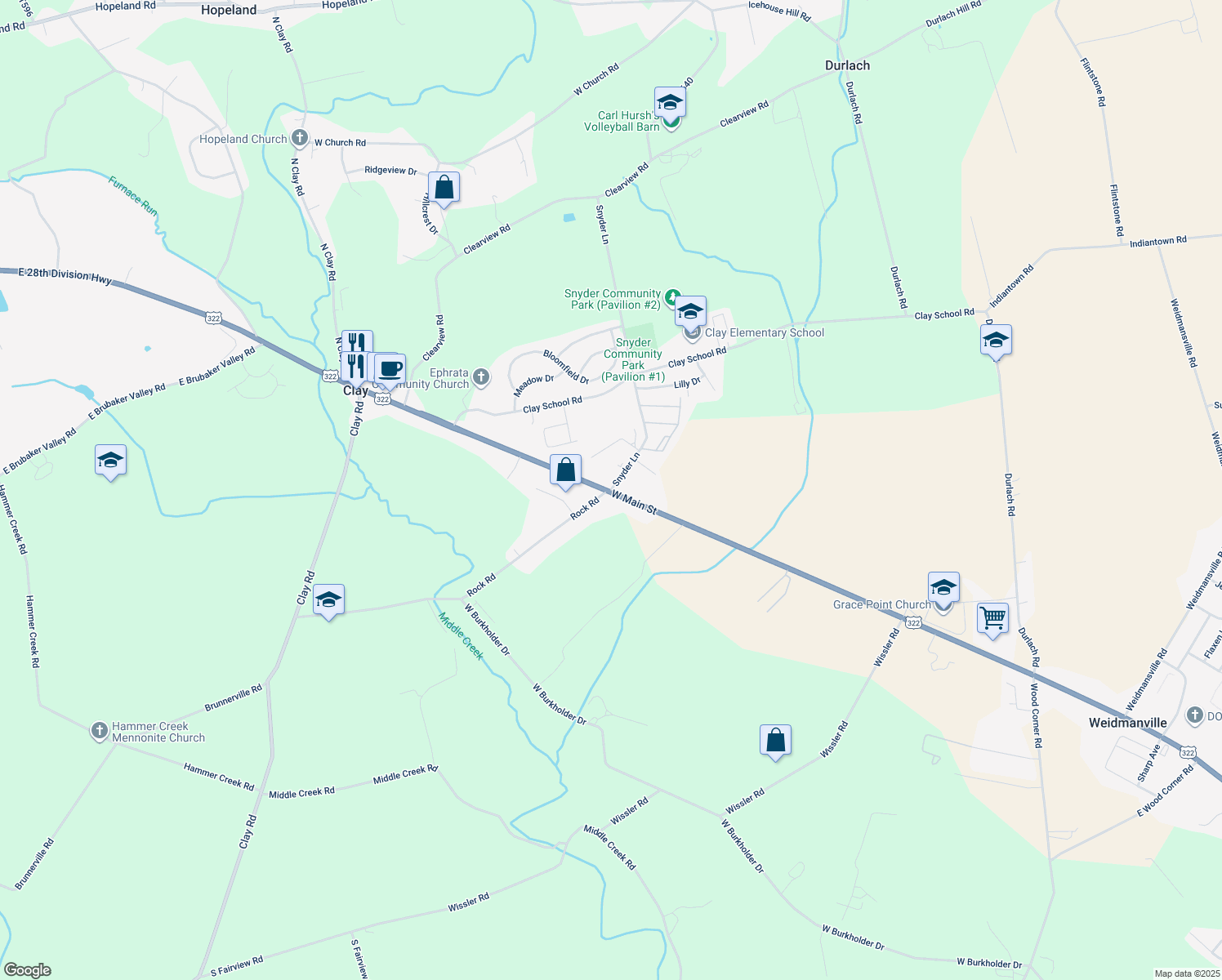 map of restaurants, bars, coffee shops, grocery stores, and more near 1 Snyder Lane in Ephrata