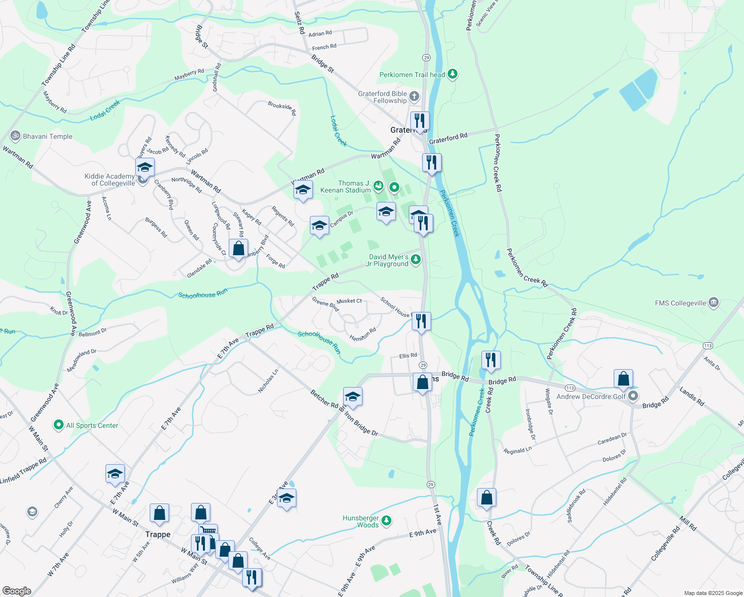 map of restaurants, bars, coffee shops, grocery stores, and more near 569 Musket Court in Collegeville