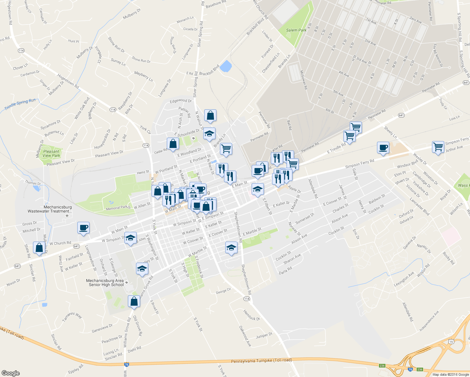 map of restaurants, bars, coffee shops, grocery stores, and more near 308 East Main Street in Mechanicsburg