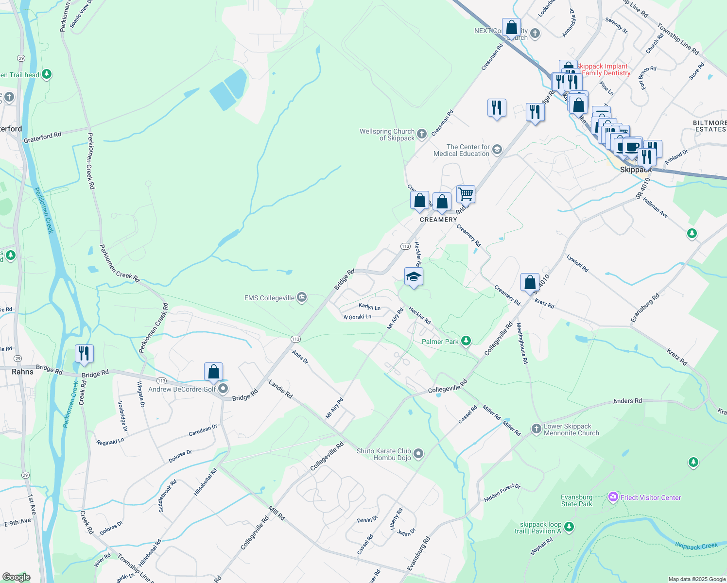 map of restaurants, bars, coffee shops, grocery stores, and more near 948 Dogwood Lane in Collegeville