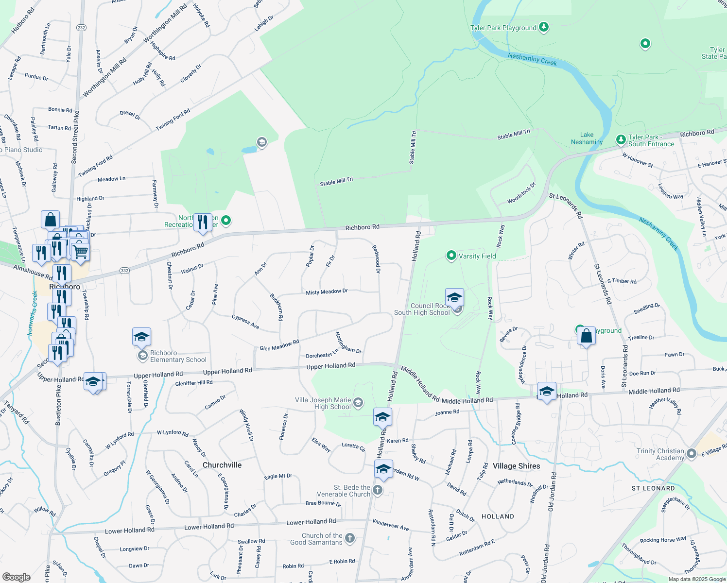 map of restaurants, bars, coffee shops, grocery stores, and more near 87 Misty Meadow Drive in Richboro