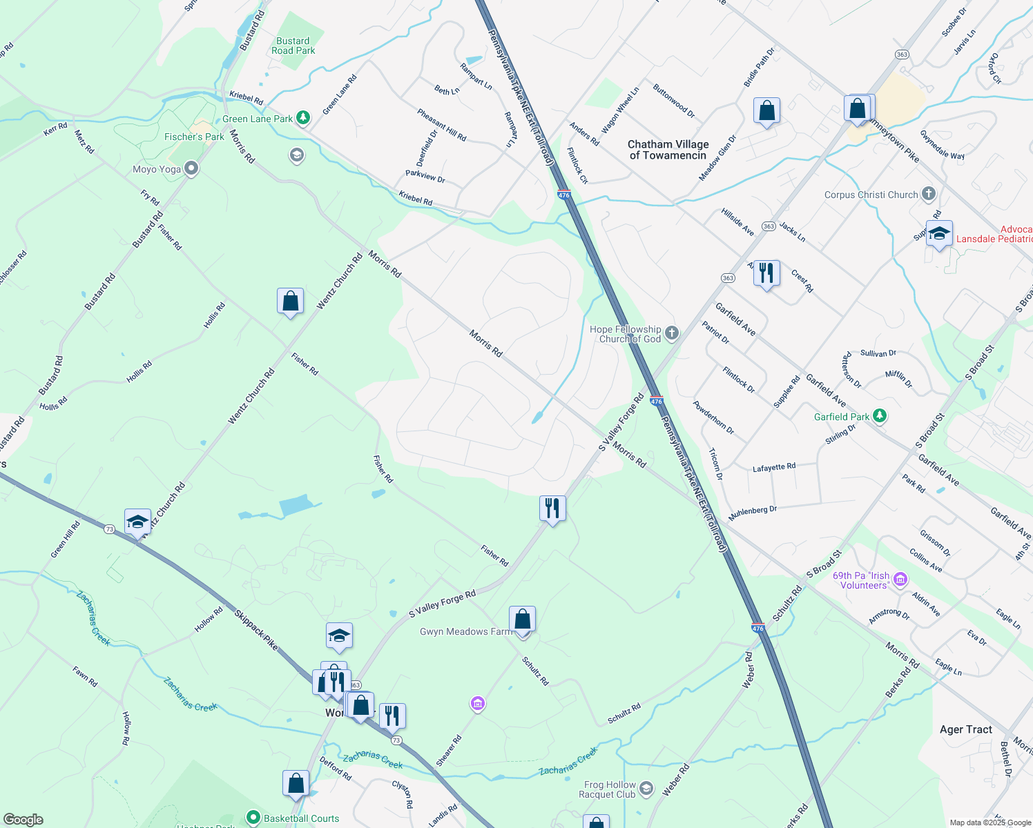 map of restaurants, bars, coffee shops, grocery stores, and more near 2286 Warner Rd in Lansdale